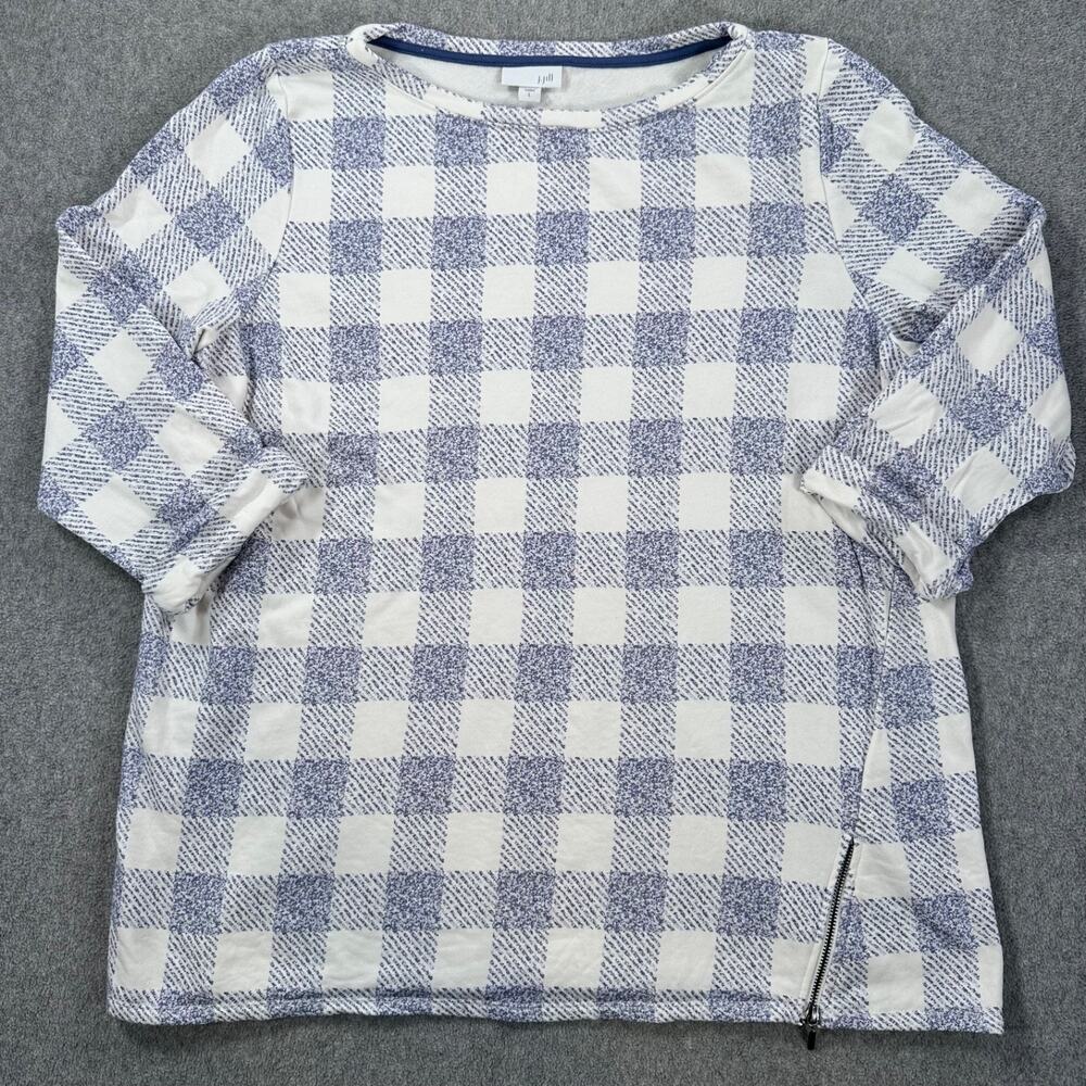 J.Jill Gingham Side Zip Pullover Top Women's Large 3/4 Sleeve Blue White Terry